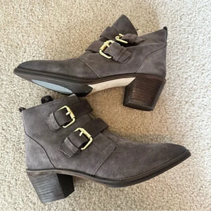 Boden Gray Suede Ankle Boots with Gold Buckles